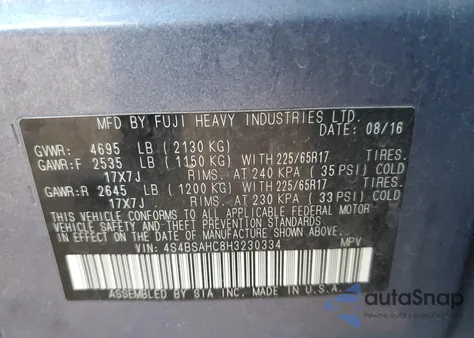 2017 Subaru Outback 2.5I Premium from USA, damaged, VIN 4S4BSAHC8H3230334